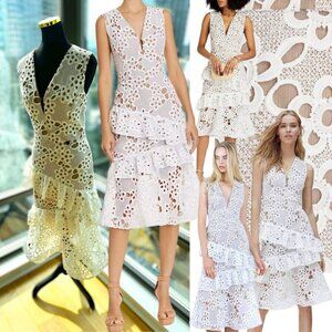 🆕 BRONX & BANCO 🧿 NWT Donna White Ruffled Lace Midi Dress, Sz S - US 4
